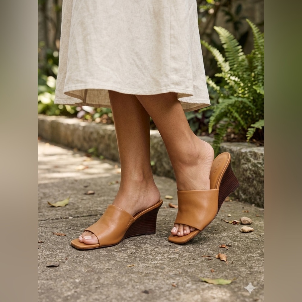 Vince Women’s Pia Wedge Mule Tan Leather Open-Toe Slides Sandals Size 11